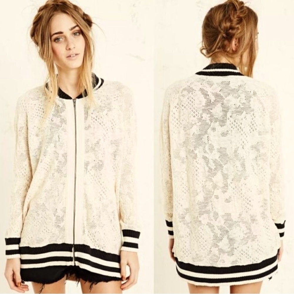 Free People Small Zip Jacket Anthropologie Cream Black Top Team Cardigan Varsity